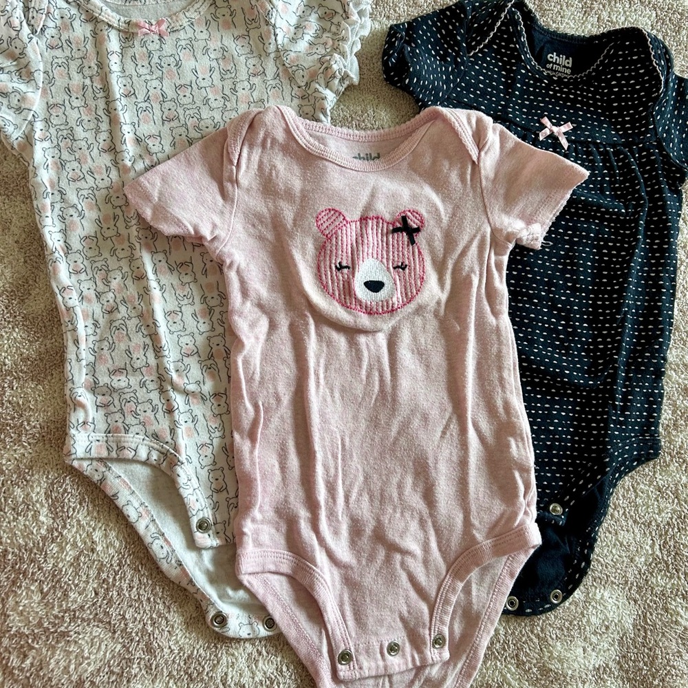 🐻💝 Set of 3 Child of Mine Baby Onesies Set - Pink, White, black, 6-12 m